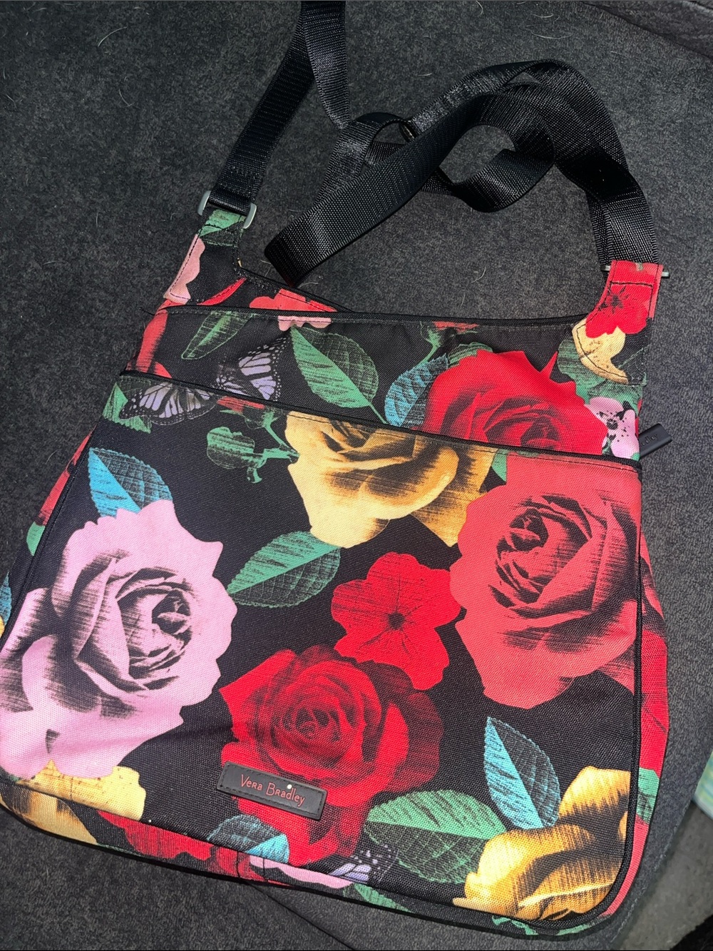 Vera Bradley Black Floral Shoulder Bag with Multicolor Roses cross body
